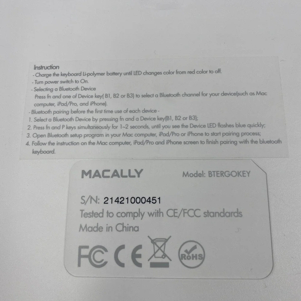 Macally Wireless Ergonomic Keyboard White Bluetooth Split Mac Layout RFBTKEYB